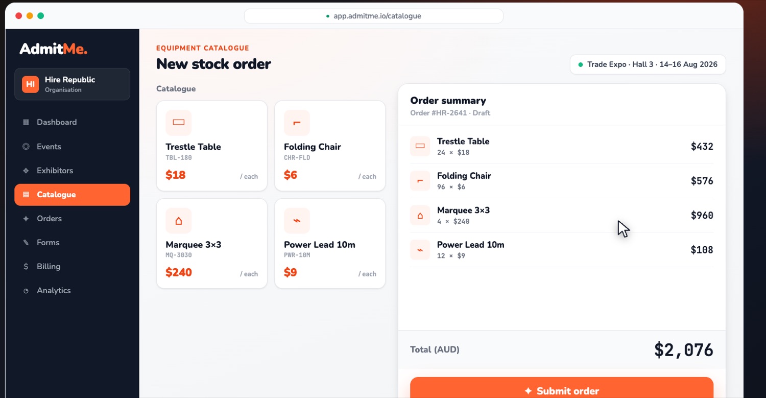 Equipment catalogue with a new stock order being built and a live order summary totalling AUD 2,076