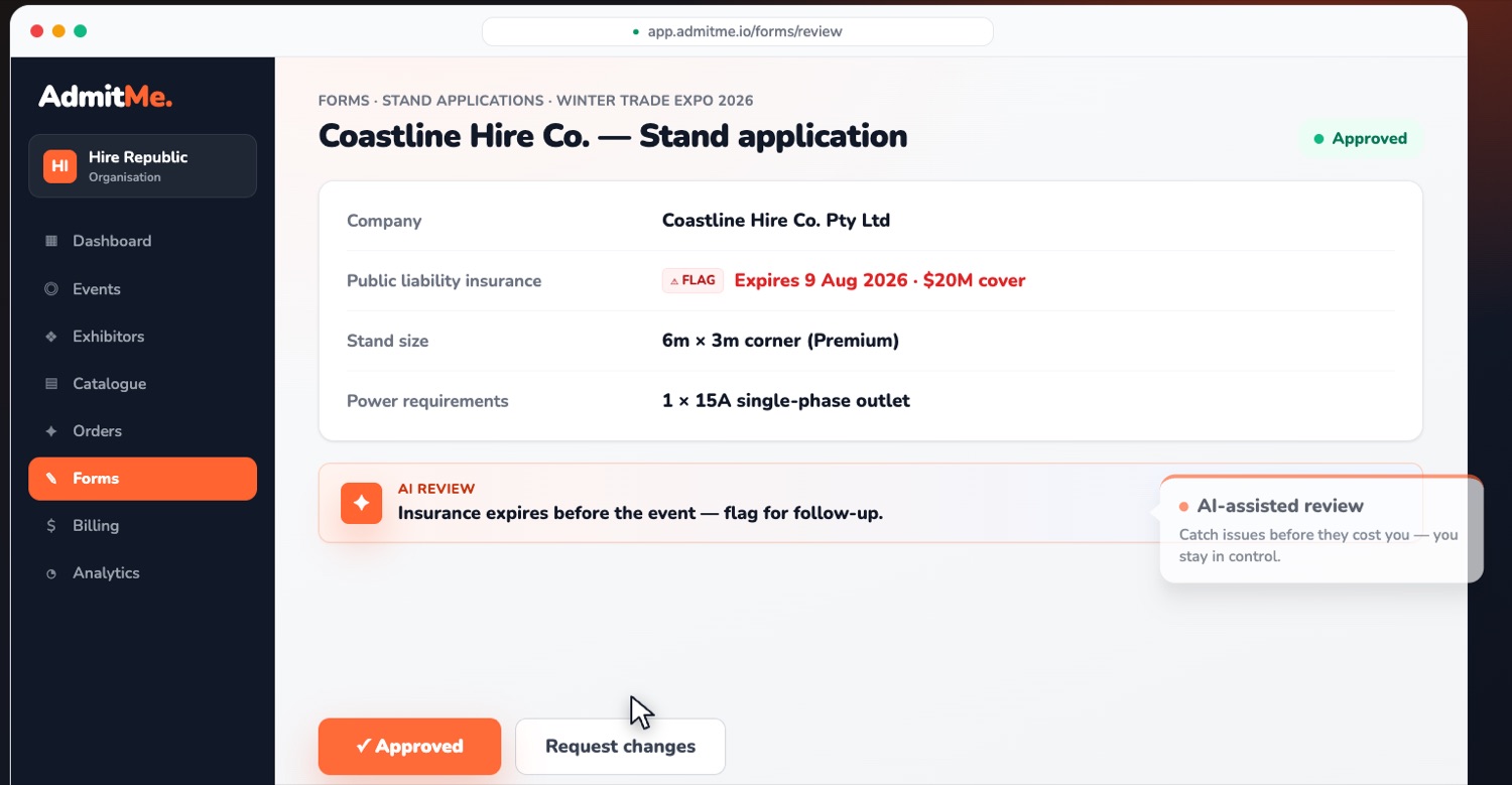 A stand application in review with public liability insurance flagged as expiring before the event
