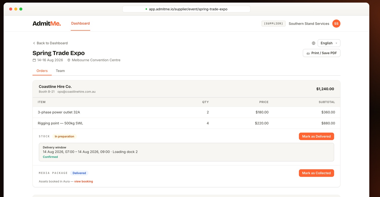 A supplier's portal for one event: a stock order in preparation against a confirmed delivery
                window, and a media package already delivered with its assets booked in Aura
